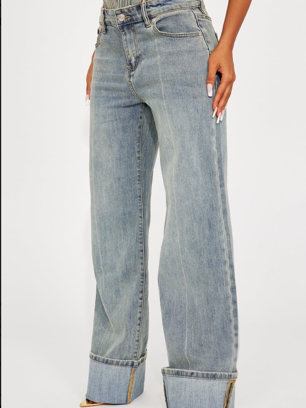Fashion Nova Light Blue Wide Leg Cuffed Jeans